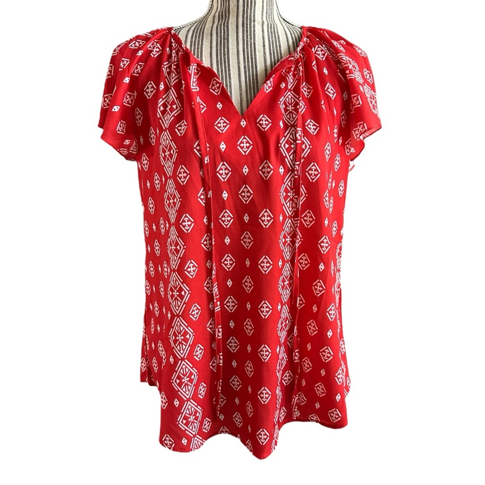 Red and White Flutter Sleeve Blouse with Pleated Design medium